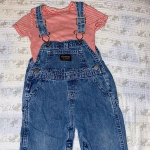 Boy’s 12mo’s OshKosh Overalls and orange and white onesie also 12mo